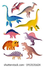 Different dinosaurs - set of flat design style animals on white background. Pteranodon, stegosaurus, parasaurolophus, brachiosaurus, ankylosaurus, spinosaurus, triceratops, elasmosaurus, T-rex images