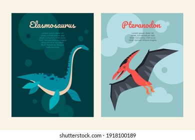 Different dinosaurs - set of flat design style posters with copy space for text. Elasmosaurus and pteranodon colorful images. Dino collection, extinct animals. Education, learning names idea