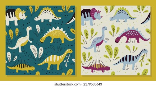 Different dinosaurs set of patterns. Seamless patterns. Vector Background for fabric, textile, posters, gift wrapping paper. Print for kids, baby, children