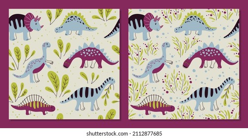 Different dinosaurs - set of Seamless patterns. Vector Background for fabric, textile, posters, gift wrapping paper. Print for kids, baby, children