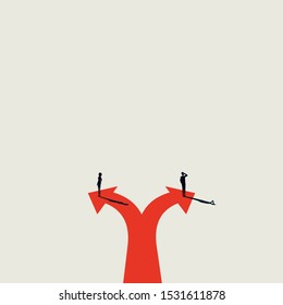 Different direction and opinion business vector concept with businessman and businesswoman on opposite sides. Symbol of conflict, strategy, planning, negotiation, solution. Eps10 illustration.