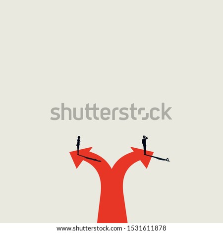 Different direction and opinion business vector concept with businessman and businesswoman on opposite sides. Symbol of conflict, strategy, planning, negotiation, solution. Eps10 illustration.