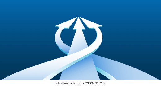 Different Directions Arrows Converging to Point on dark background. Achieving results concept. Vector illustration