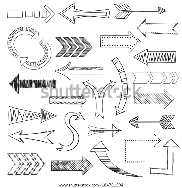 Different directions arrows sketch\
pencil drawing icons set flat isolated vector\
illustration