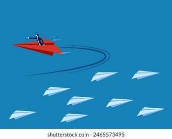Different directions. Businessman flying a paper plane changes direction