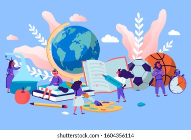 Different Disciplines as Geography, Physical Culture, Chemistry, Literature, Language Cartoon Flat Vector Illustration. Teachers Characters with Educational Tools and Stationery as Ball Globe Books. 
