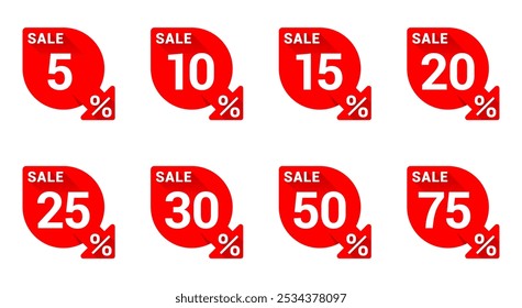 Different discount amount stickers set - 5, 10, 20. And 25, 30, 50, 75 percent off. Red promotion badge set for shopping marketing and advertisement clearance