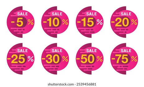 Diferentes pegatinas de cantidad de descuento - 5, 10, 20. Y 25, 30, 50, 75 por ciento de descuento. Insignia de la promoción fijada para la comercialización de la compra y la liquidación del anuncio