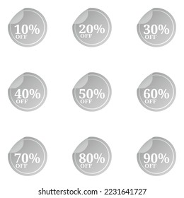 Different discount percent sticker discount price tag set. promote buy now with sale up to 10,20,30,40,50,60,70,80,90,percentage vector illustration isolated on white