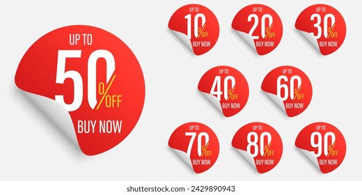 Different discount price 10, 20, 25, 30, 40, 50, 60, 70, 80, 90  Promotion sticker badge set for shopping marketing and advertisement clearance sale, special offer, Save money. Vector illustration.