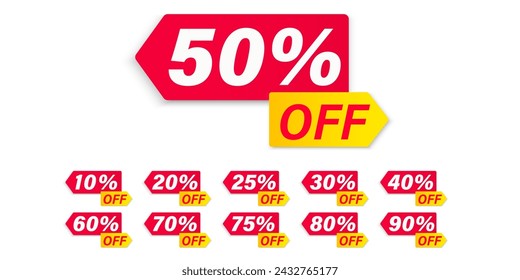 Different discount price 10, 20, 25, 30, 40, 50, 60, 70, 80, 90 percent.  Promotion badge set for shopping marketing and advertisement clearance sale, special offer, Save money. Vector illustration.