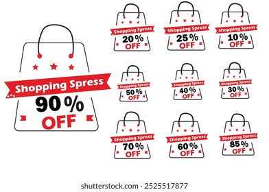 Diferentes Precios de descuento 10, 20, 25, 30, 40, 50, 60, 70, 80, 90 por ciento de Ilustración vectorial.