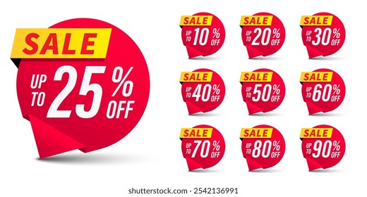 Different discount price 10, 20, 25, 30, 40, 50, 60, 70, 80, 90 percent Promotion sticker badge set for shopping marketing and advertisement clearance sale, Save money. vector illustration.