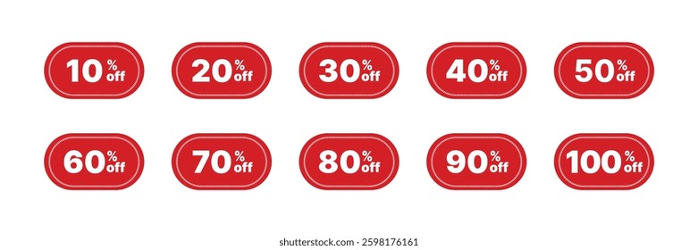 Different discount price 10, 20, 25, 30, 40, 50, 60, 70, 80, 90 percent Promotion sticker badge set for shopping marketing and advertisement clearance sale, Save money. vector illustration.