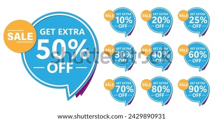 Different discount price 10, 20, 25, 30, 40, 50, 60, 70, 80, 90  Promotion sticker badge set for shopping marketing and advertisement clearance sale, special offer, Save money. Vector illustration.