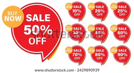 Different discount price 10, 20, 25, 30, 40, 50, 60, 70, 80, 90 Promotion sticker badge set for shopping marketing and advertisement clearance sale, special offer, Save money. Vector illustration.
