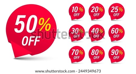 Different discount price 10, 20, 25, 30, 40, 50, 60, 70, 80, 90 percent Promotion sticker badge set for shopping marketing and advertisement clearance sale, Save money. vector illustration.