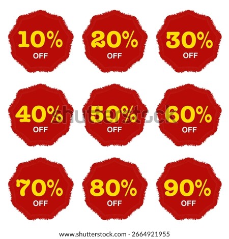 Different discount price 10, 20, 30, 40, 50, 60, 70, 80, 90 percent Promotion sticker badge set for shopping marketing and advertisement clearance sale, Save money. vector illustration