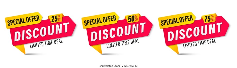 Different discount price 25, 50 and 75 percent. Promotion sticker badge set for shopping marketing and advertisement, clearance sale, special offer, banner, element, Save money. Vector illustration.