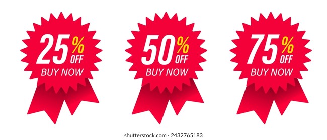Precio de descuento diferente 25, 50 y 75 por ciento. Conjunto de insignia de la etiqueta engomada de la promoción para el marketing y la publicidad de compras, venta de liquidación, oferta especial, banner, elemento, Ahorre dinero. Ilustración vectorial.