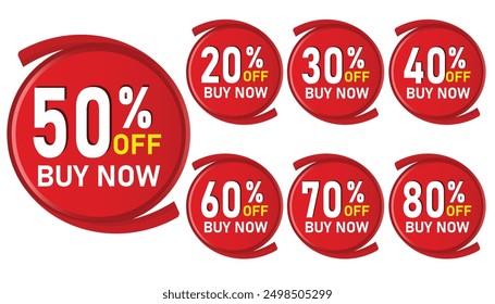 Different discount price sale tag 10%,20%, 30%,40%,50%, 60%,70%,80%,90% percent Promotion red sticker badge label  shopping marketing,  advertisement clearance sale, Isolated vector white background