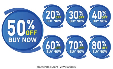 Different discount price sale tag 10%,20%, 30%,40%,50%, 60%,70%,80%,90% percent Promotion blue sticker badge label  shopping marketing,  advertisement clearance sale, Isolated vector white background