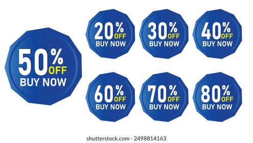 Different discount price sale tag 10%,20%, 30%,40%,50%, 60%,70%,80%,90% percent Promotion blue sticker badge label  shopping marketing,  advertisement clearance sale, Isolated vector white background