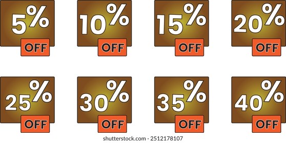 Different discount price sale tag 05%, 10%, 15%,20%,25%, 30%,35%,40% percent Promotion blue sticker badge label shopping marketing, advertisement clearance sale, Isolated vector white background