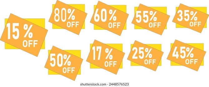 Diferente descuento Precio tag set comprar ahora con la venta de hasta Ilustración vectorial porcentual aislado en blanco. liquidación venta pegatina. insignias de Vector Plantilla con porcentaje de venta