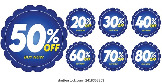 Different discount sticker tags. Discount price tag set. Blue Flower Style shape promote buy now with sell off up to 20, 30, 40, 50, 60, 70 and 80 percentage vector illustration isolated on white.