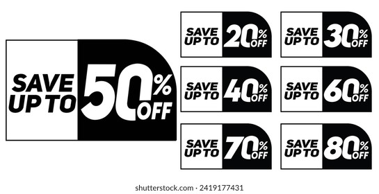 Different discount sticker tags. Discount price tag set. Black Round Square shape promote buy now with sell off up to 20, 30, 40, 50, 60, 70 and 80 percentage vector illustration isolated on white.