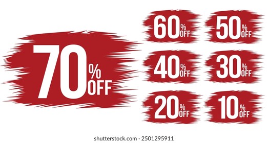 Different discount sticker tags. Discount price tag set. Red brush shape promote buy now with sell off up to 20, 30, 40, 50, 60 and 70 percentage vector illustration isolated on a white background.