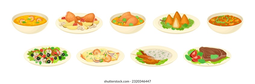 Different Dish and Food Served on Plate with Garnish Vector Set