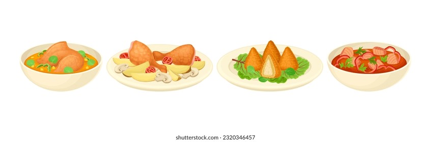 Different Dish and Food Served on Plate with Garnish Vector Set