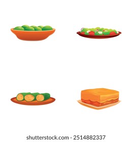 Different dish icons set cartoon vector. Freshly prepared dish. Cooking, food concept