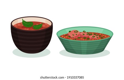 Diferentes platos y cursos principales servidos en el juego de vectores Bowl