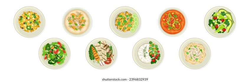Different Dish and Meal Served on Plate Above View Vector Set