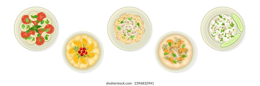 Different Dish and Meal Served on Plate Above View Vector Set