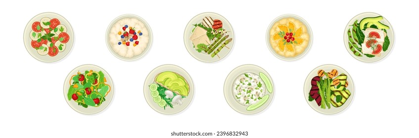 Different Dish and Meal Served on Plate Above View Vector Set