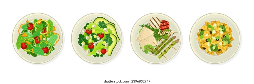 Different Dish and Meal Served on Plate Above View Vector Set