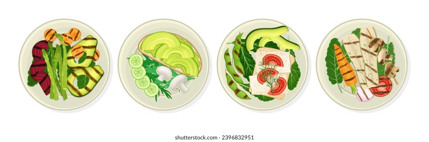 Different Dish and Meal Served on Plate Above View Vector Set