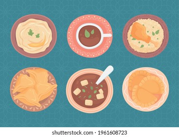 different dishes food snack soup