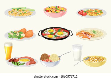 Different Dishes and Main Courses Served on Plate Vector Set