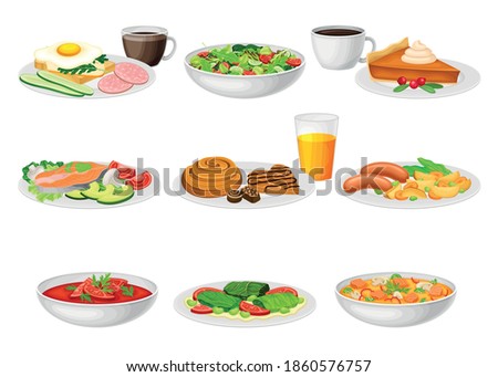 Different Dishes and Main Courses Served on Plate Vector Set