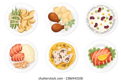 Different dishes on the plates. Traditional food from around the world. Icons for menu logos and labels. Flat vector illustration isolated on white background.