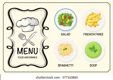 Diferentes platos en la ilustración del menú del restaurante