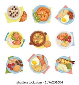 Different Dishes Served on Plates Top Viewed Vector Set