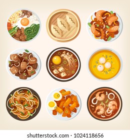 Different Dishes From South Korean Country Traditional Cuisine. Illustrations Of Eastern Asian Countries Meals From Above. Isolated Vector Food Images