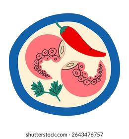 Different dishes from South Korean country traditional cuisine. Illustrations of asian countries meals from above. Isolated vector food images . Octopus tentacles on plate