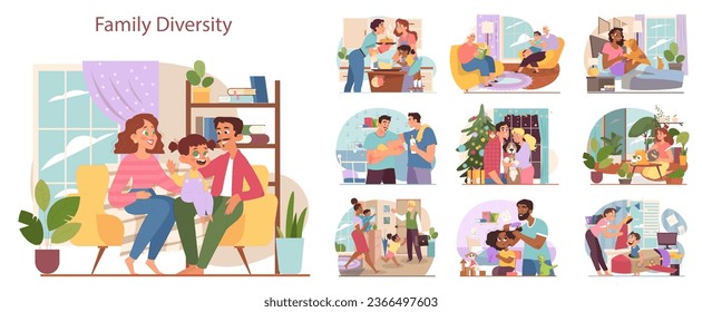 Different diverse family set. Single parents, LGBT partners, single people with pets. Non-traditional family relationship. Modern happy loving family structure. Flat vector illustration.